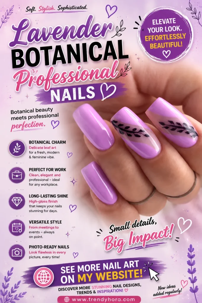Lavender Botanical Professional Nails Close-up of glossy lavender square-shaped nails with elegant black botanical leaf accents on two nails. A modern professional manicure featuring minimalist floral-inspired nail art, perfect for office wear, everyday elegance, and 2026 nail trends.