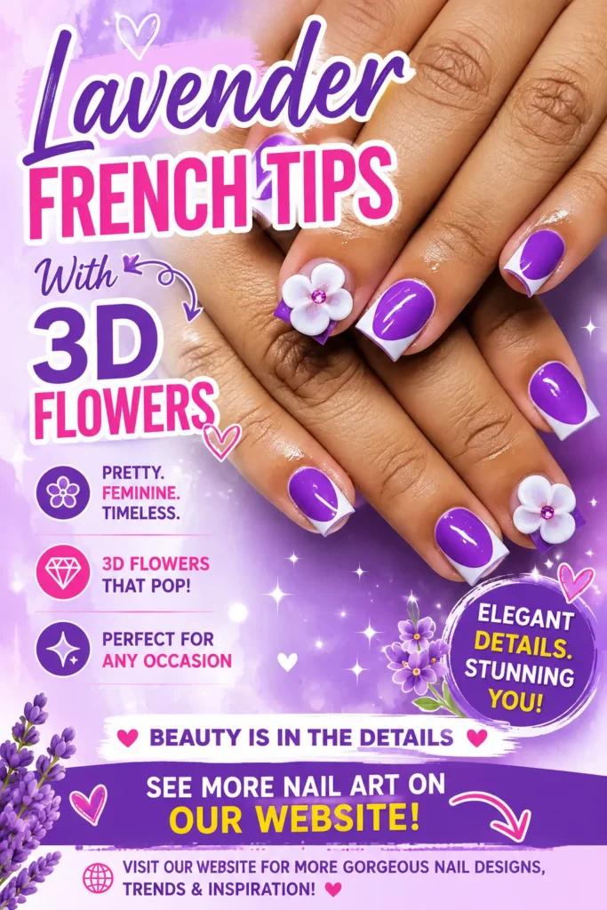 Lavender French Tips With 3D Flowers Elegant lavender French tip nails featuring glossy purple polish, crisp white French tips, and beautiful 3D flower accents with rhinestone centers. A feminine salon-quality manicure perfect for spring, summer, weddings, special occasions, and 2026 nail trends.