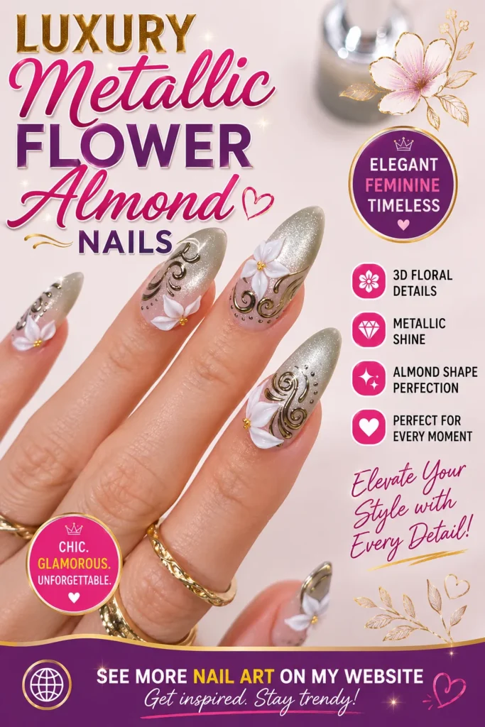 Luxury Metallic Flower Almond Nails Luxury metallic almond nails featuring shimmering silver polish, elegant 3D white flowers, and intricate swirl nail art. A classy floral manicure perfect for weddings, special occasions, and trendy nail inspiration.