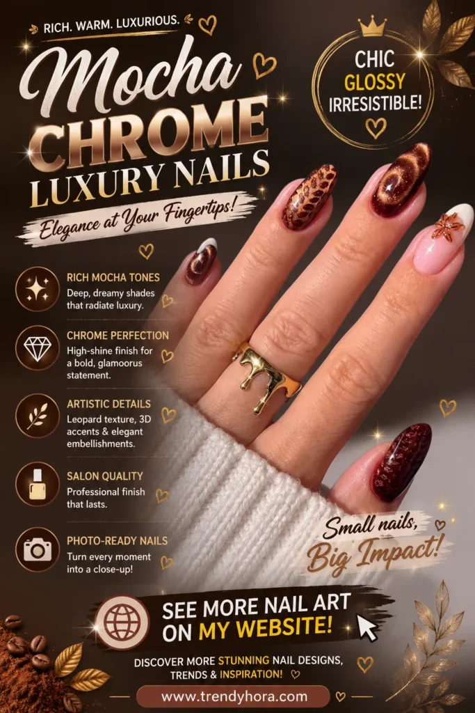 Mocha Chrome Luxury Nails Close-up of elegant almond-shaped mocha chrome nails featuring glossy brown chrome polish, leopard print accent nails, 3D floral embellishments, and luxurious metallic details. A sophisticated manicure perfect for trendy 2026 nail inspiration, special occasions, and fashion-forward nail art.