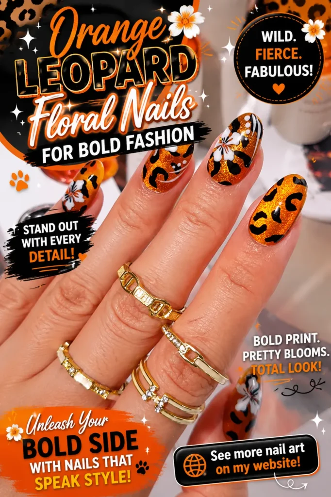 Orange Leopard Floral Nails for Bold Fashion Orange leopard floral nail art with bold animal print, white flower accents, and glossy almond-shaped nails. A stylish summer manicure perfect for fashion lovers, trendy nail inspiration, and eye-catching 2026 nail designs.
