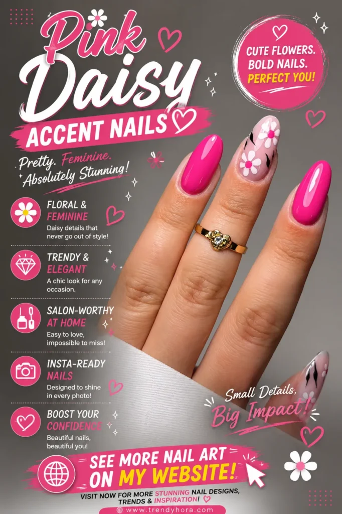 Pink Daisy Accent Nails Close-up of glossy pink almond-shaped nails with white daisy floral accent nail art on a nude base. A feminine and elegant manicure featuring trendy floral details, perfect for spring, summer, everyday wear, and 2026 nail trends.