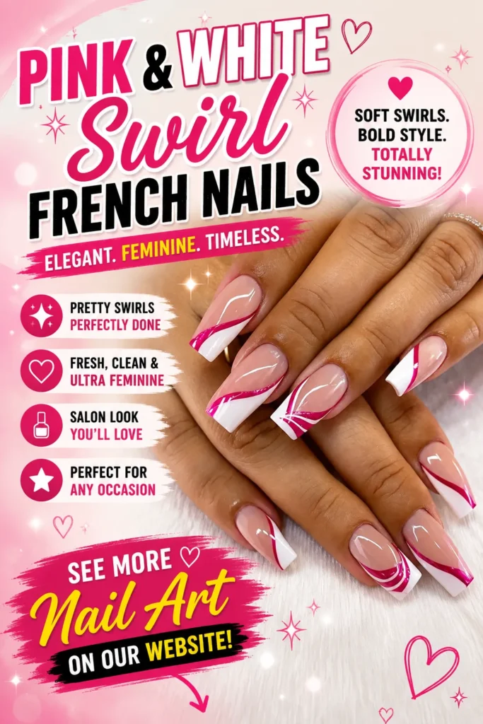 Elegant pink and white French tip coffin nails featuring glossy pink swirl nail art on a nude base. A feminine and modern manicure perfect for summer, weddings, bridal events, special occasions, and 2026 nail trends.
