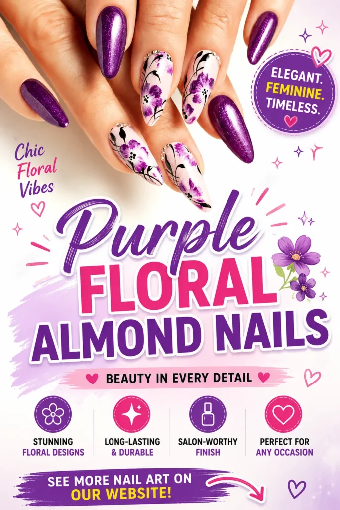 Purple Floral Almond Nails Elegant purple floral almond nails featuring glossy purple polish and hand-painted purple flower designs on a soft nude base. A feminine, salon-quality manicure perfect for spring, summer, weddings, special occasions, and 2026 nail trends.