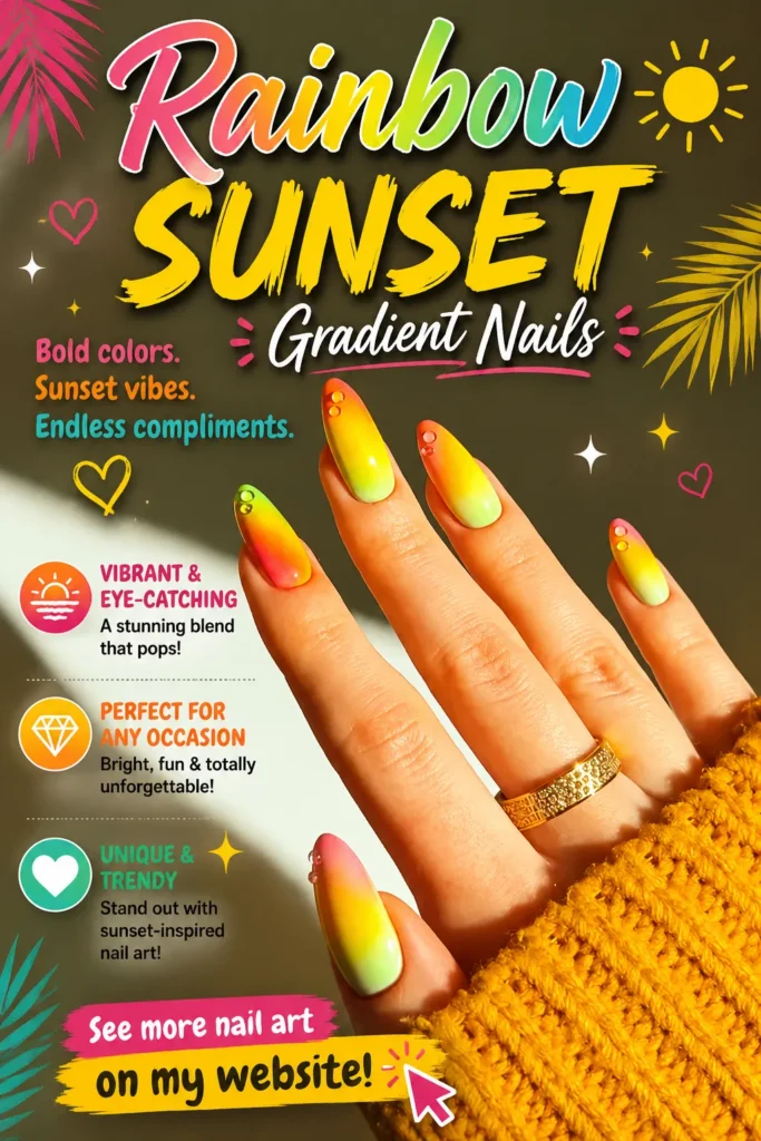Rainbow Sunset Gradient Nails Rainbow sunset gradient almond-shaped nails featuring vibrant pink, orange, yellow, and lime green ombre colors with a glossy finish and subtle rhinestone accents. A bold tropical summer manicure perfect for vacations, beach days, festivals, and 2026 nail trends.