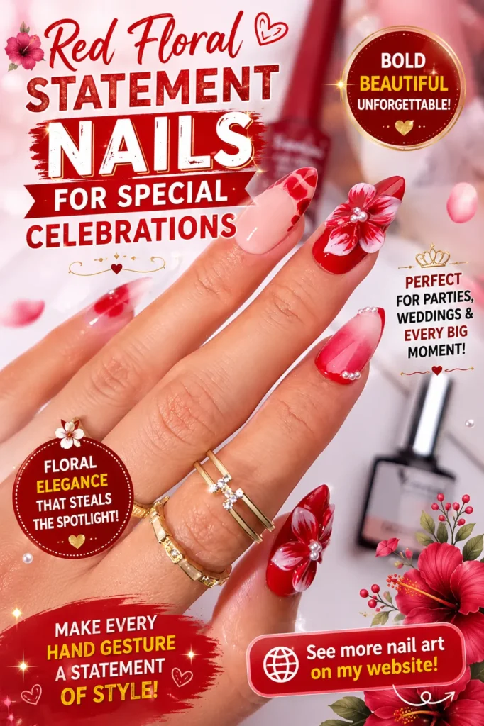 Red Floral Statement Nails for Special Celebrations Elegant red floral almond nails with glossy red polish, hand-painted flower accents, and feminine nail art. A stylish manicure perfect for weddings, parties, special celebrations, and trendy 2026 nail inspiration.