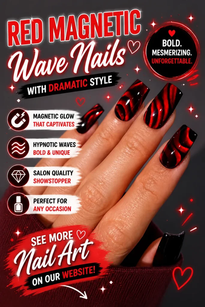 Close-up of bold red magnetic cat eye nails with dramatic black wave patterns on glossy square-shaped nails. A luxurious, high-shine manicure featuring hypnotic magnetic effects, perfect for glamorous occasions, statement nail art, and 2026 nail trends