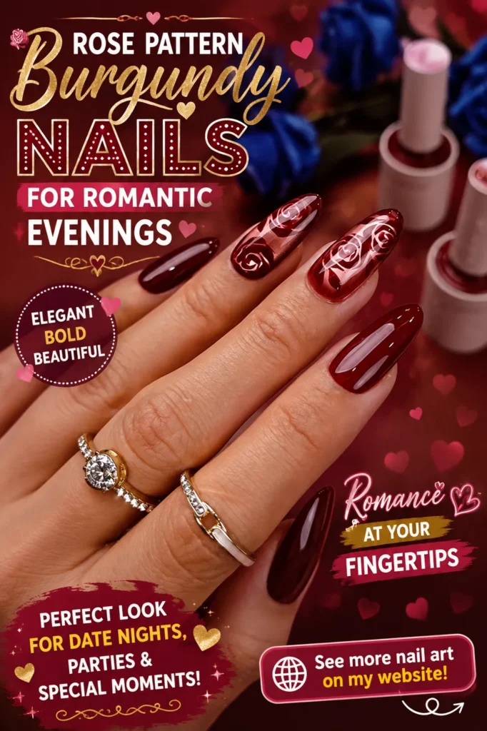Rose Pattern Burgundy Nails for Romantic Evenings Elegant burgundy almond nails with glossy rose floral patterns and rich wine-red polish. Romantic nail art featuring detailed rose designs, perfect for date nights, weddings, evening events, and stylish 2026 nail inspiration.