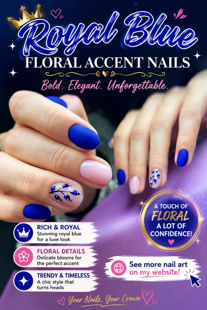 Royal Blue Floral Accent Nails Elegant royal blue matte nails with delicate floral accent nail art on a soft nude base. A luxurious manicure featuring blue floral details and rich royal blue polish, perfect for summer, weddings, everyday elegance, and 2026 nail trends.