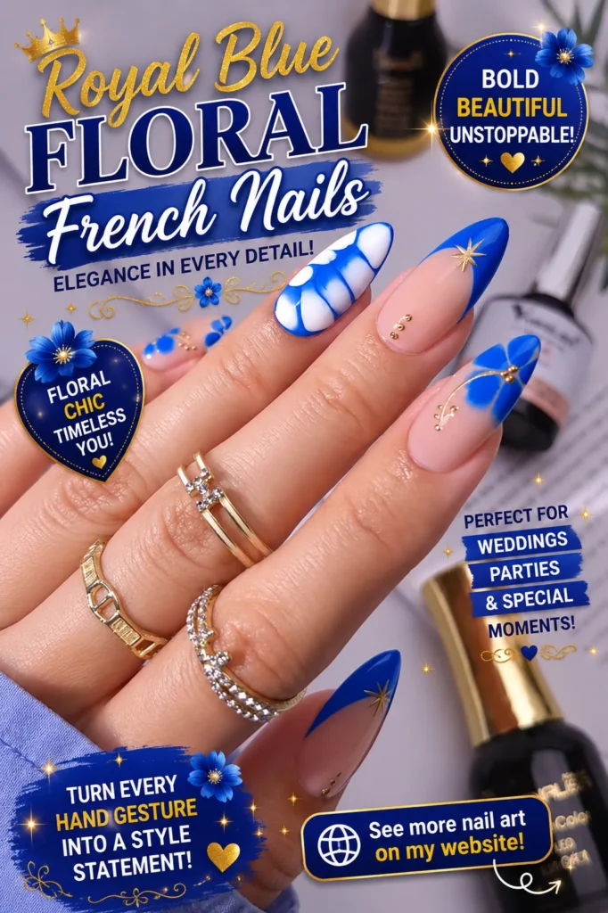Royal Blue Floral French Nails Royal blue floral French tip almond nails featuring elegant blue flowers, glossy French tips, and gold accents. A classy manicure perfect for weddings, parties, special occasions, and stylish 2026 nail inspiration.
