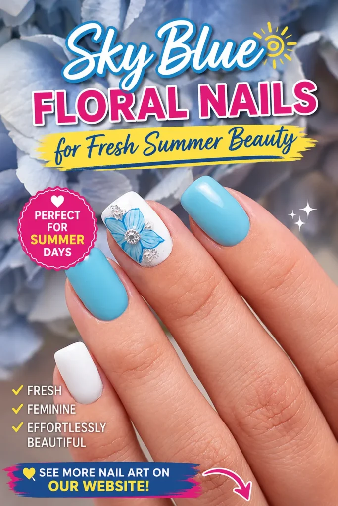 Sky blue floral nail art featuring matte blue nails, a white accent nail with a hand-painted blue flower and sparkling rhinestones. A fresh, feminine summer manicure perfect for vacation, beach days, and trendy nail inspiration in 2026.