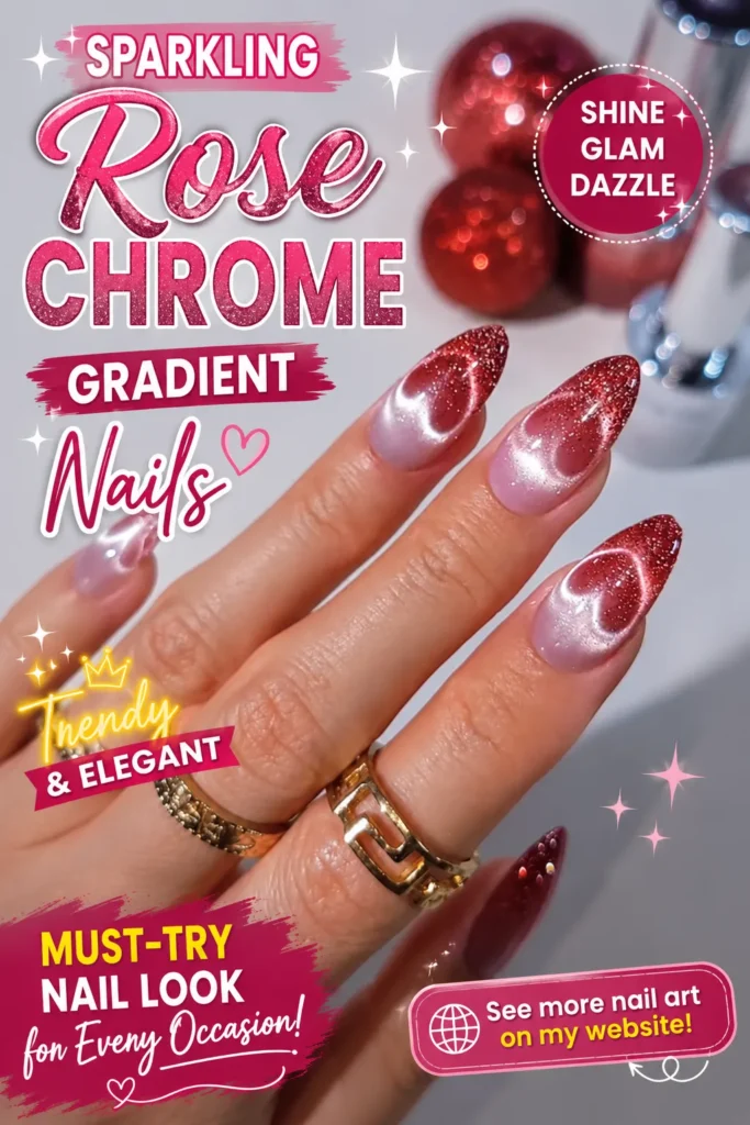 Sparkling Rose Chrome Gradient Nails Sparkling rose chrome gradient almond nails with a glossy cat-eye shimmer and glitter finish. An elegant pink chrome manicure featuring soft ombré effects, perfect for parties, weddings, and trendy nail inspiration.