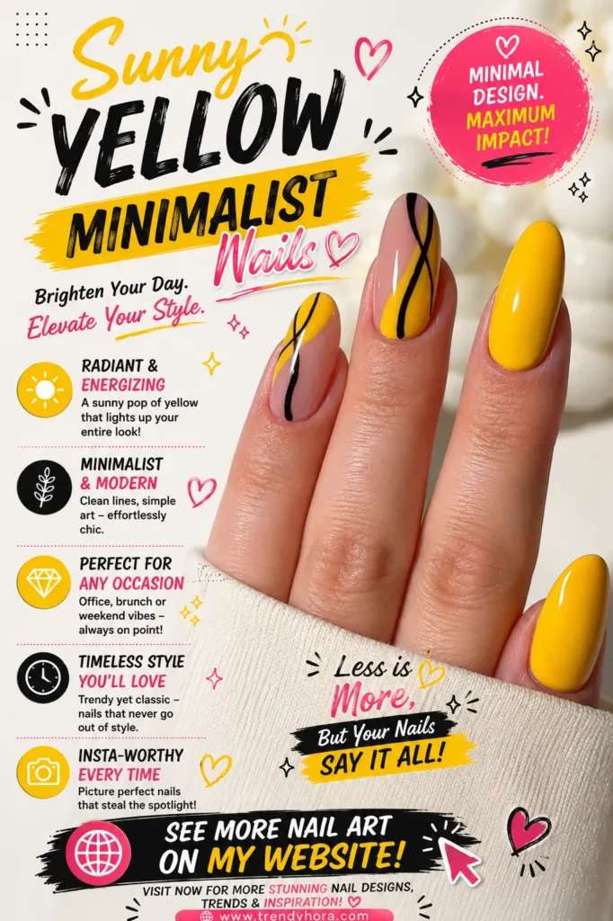 Sunny Yellow Minimalist Nails Bright yellow minimalist almond-shaped nails with elegant black abstract line accents on a nude base. A modern summer manicure featuring clean, stylish nail art that is perfect for everyday wear, vacations, and the latest 2026 nail trends.