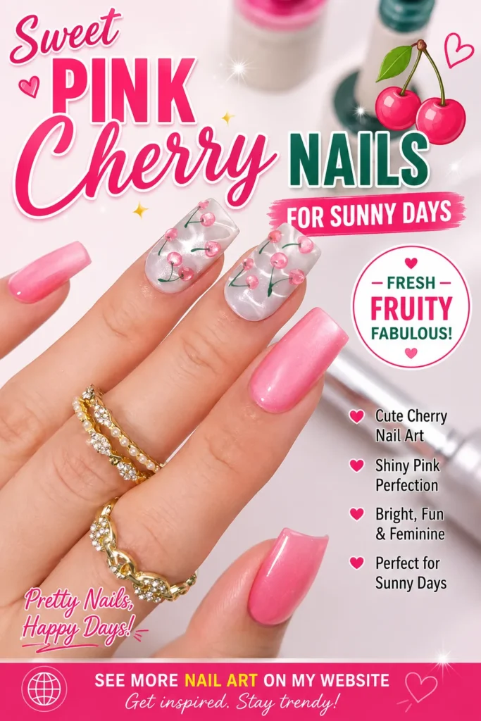 Sweet Pink Cherry Nails for Sunny Days Glossy pink cherry nail design with cute cherry artwork on accent nails. A feminine summer manicure featuring bright pink polish, fruit-inspired nail art, and elegant square-shaped nails for trendy nail inspiration.