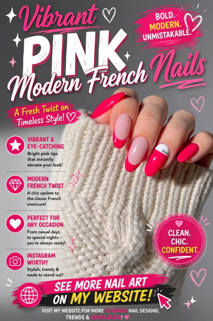 Vibrant Pink Modern French Nails Elegant almond-shaped nails featuring vibrant hot pink modern French tips with a glossy nude base. A bold and stylish French manicure perfect for summer, vacations, parties, everyday wear, and 2026 nail trends.