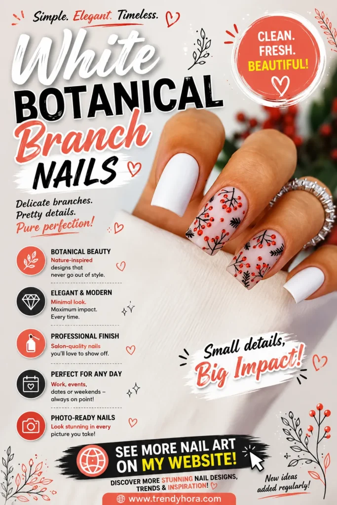 White Botanical Branch Nails Close-up of elegant white square-shaped nails featuring delicate botanical branch nail art with black branches and small red berries on accent nails. A clean, minimalist manicure perfect for everyday wear, office style, weddings, and the latest 2026 nail trends.
