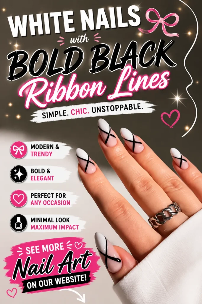 Elegant white almond-shaped nails with bold black ribbon-style lines crossing each nail to create a modern minimalist design. A classy black and white manicure perfect for summer, everyday wear, special occasions, and 2026 nail trends.