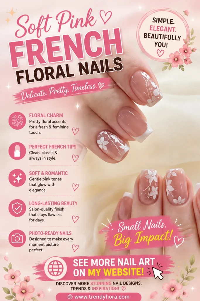 Soft Pink French Floral Nails Close-up of elegant soft pink French floral nails with glossy nude pink polish, classic white French tips, and delicate white flower nail art on short square nails. A timeless feminine manicure perfect for weddings, spring, summer, and 2026 nail trends.