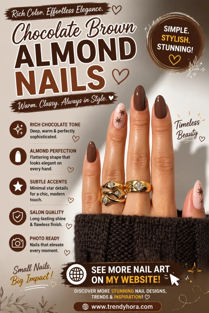Chocolate Brown Almond Nails Close-up of elegant chocolate brown almond nails featuring glossy mocha polish with subtle nude accent nails decorated with minimalist star details. A classy, modern manicure perfect for neutral nail lovers, fall fashion, everyday elegance, and 2026 nail trends.