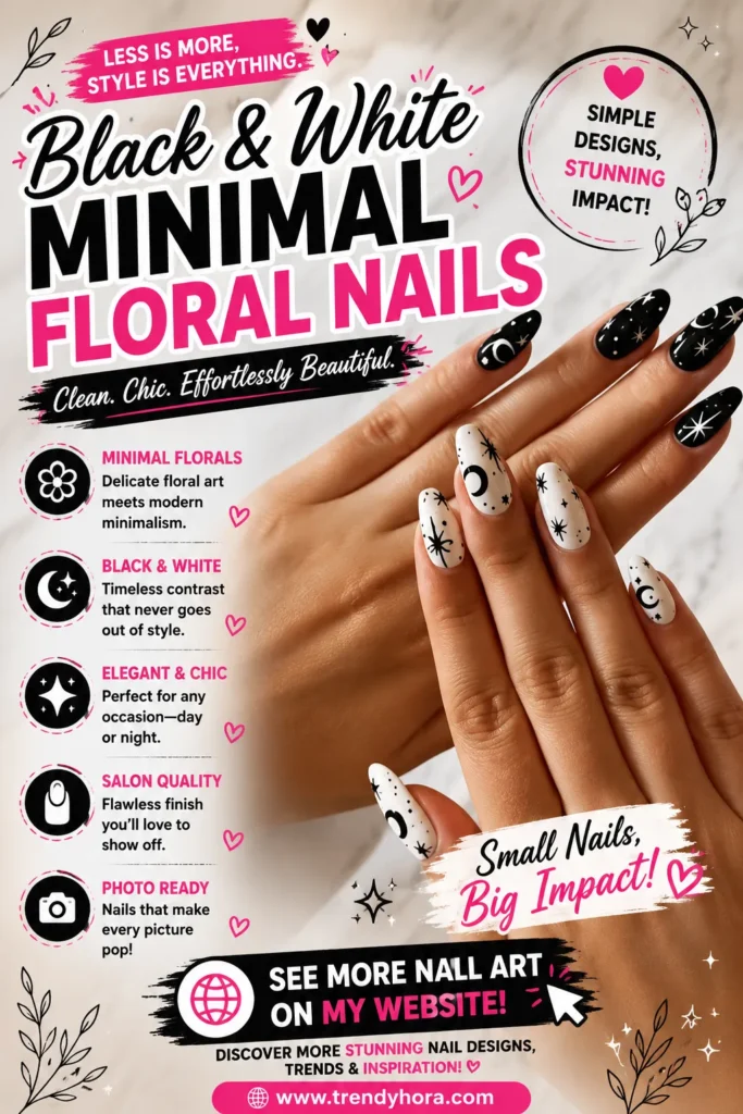 Black and White Minimal Floral Nails Close-up of elegant black and white almond-shaped nails featuring minimalist floral artwork, celestial moon and star accents, and a modern monochrome manicure. A classy, chic nail design perfect for everyday wear, special occasions, and 2026 nail trends.