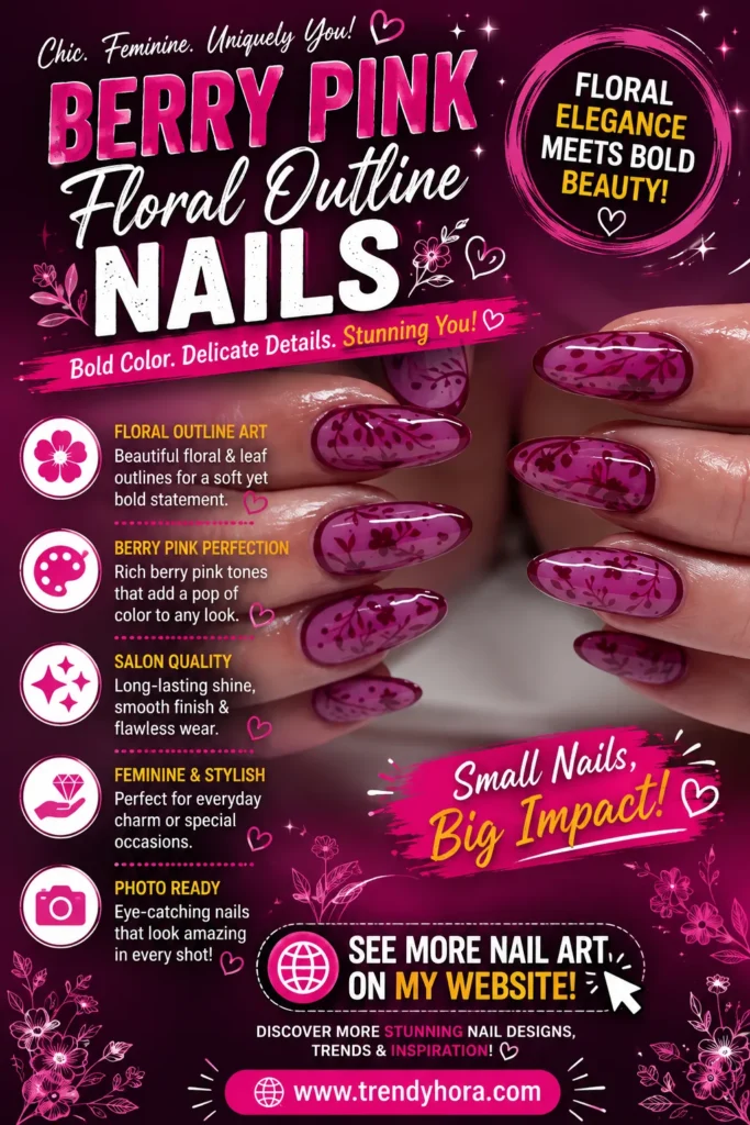 Berry Pink Floral Outline Nails Close-up of glossy berry pink almond-shaped nails featuring delicate floral outline artwork and botanical leaf patterns. This elegant manicure combines bold berry tones with feminine floral details, making it perfect for summer nail art, special occasions, and the latest 2026 nail trends.