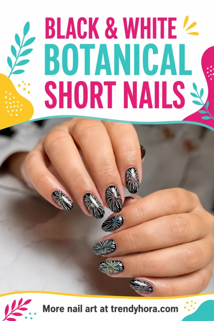 Black and White Botanical Short Nails Black short nails with delicate white botanical flower art, a chic monochrome nail design for an elegant everyday look.