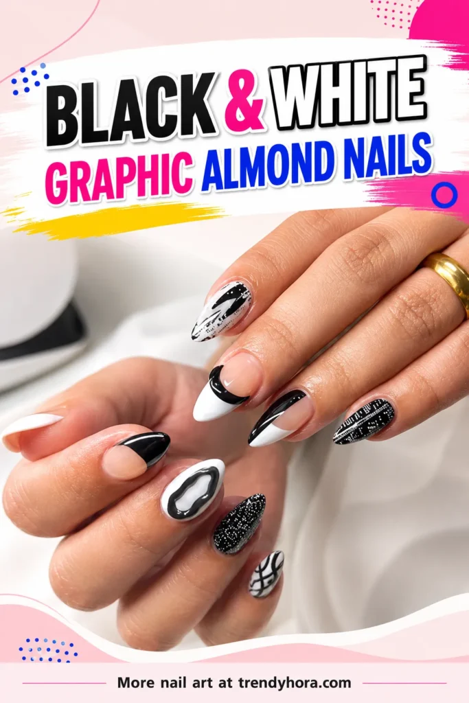 Black and White Graphic Almond Nails Black and white graphic almond nails with bold abstract patterns, French tips, and modern monochrome nail art details.