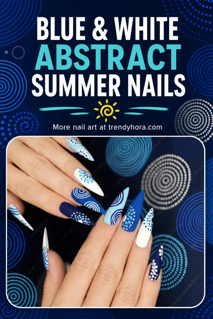 Blue and White Abstract Summer Nails Blue and white abstract summer nails with dotted and spiral patterns on long almond-shaped nails.
