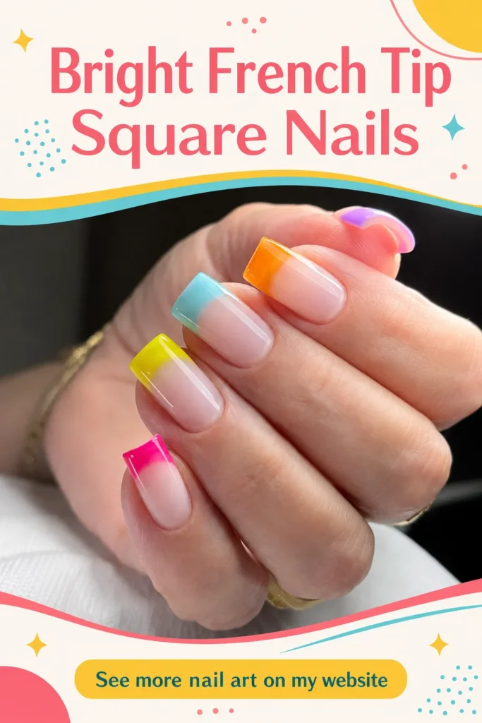 Bright French Tip Square Nails Bright French tip square nails with colorful orange, blue, yellow, pink, and purple tips for a fun summer nail art idea.