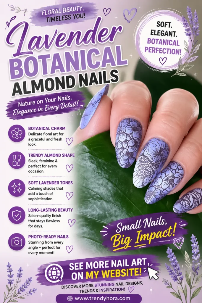 Lavender Botanical Almond Nails Close-up of elegant almond-shaped lavender nails featuring intricate botanical floral artwork, soft pastel purple polish, and detailed nature-inspired patterns. A classy feminine manicure perfect for spring, summer, weddings, and 2026 nail trends.