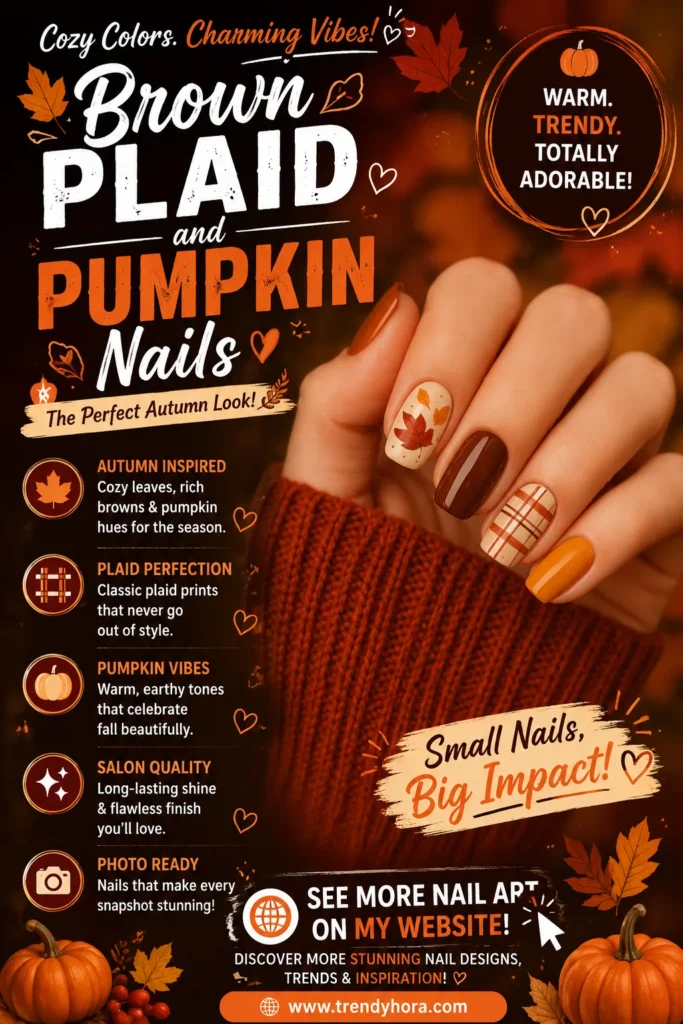 Brown Plaid and Pumpkin Nails Close-up of brown plaid and pumpkin nail art featuring warm chocolate brown polish, orange pumpkin-inspired nails, beige plaid accents, and autumn leaf details. A cozy fall manicure perfect for autumn fashion, Thanksgiving, seasonal nail inspiration, and 2026 nail trends.