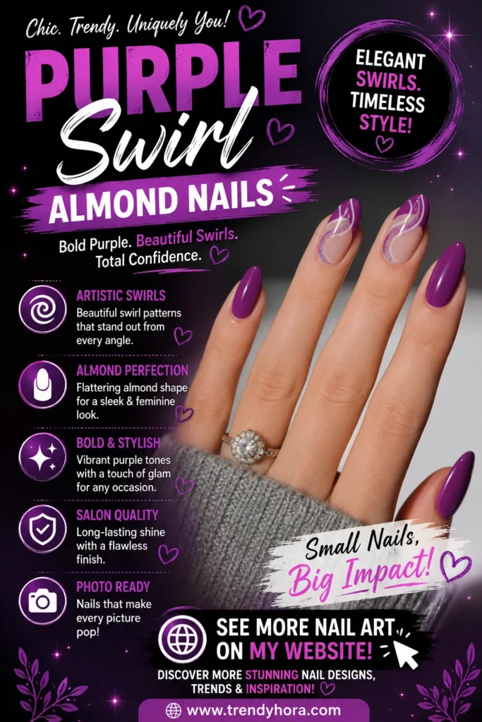 Purple Swirl Almond Nails Close-up of glossy purple almond nails featuring elegant white and glitter swirl accents on a nude base. This modern purple manicure combines bold color with artistic swirl nail art, making it perfect for parties, special occasions, and 2026 nail trends.