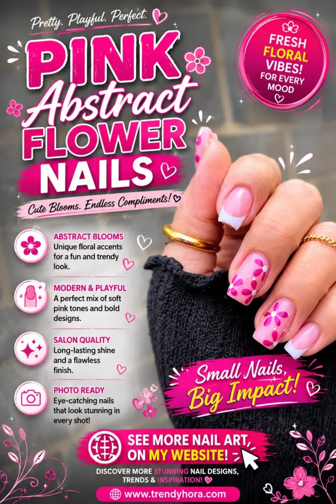 Pink Abstract Flower Nails Close-up of pink abstract flower nails featuring soft pink polish, white French tips, and playful floral accents on glossy square nails. A feminine and modern manicure perfect for spring, summer, everyday wear, and the latest 2026 nail trends.