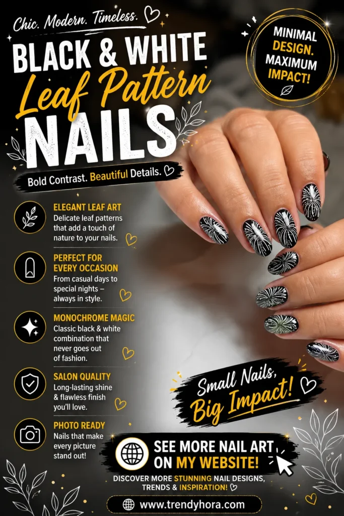 Black and White Leaf Pattern Nails Close-up of black and white leaf pattern nails featuring intricate white botanical leaf designs on a glossy black base. This elegant monochrome manicure offers a modern minimalist look, perfect for everyday wear, special occasions, and the latest 2026 nail trends.