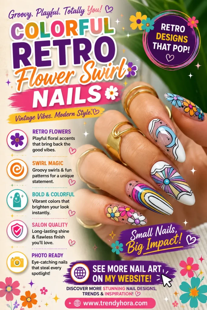 Colorful Retro Flower Swirl Nails Close-up of colorful retro flower swirl nails featuring vibrant rainbow swirls, playful daisy flowers, and bold abstract patterns on almond-shaped nails. A fun vintage-inspired manicure perfect for summer, festivals, vacations, and the latest 2026 nail trends.