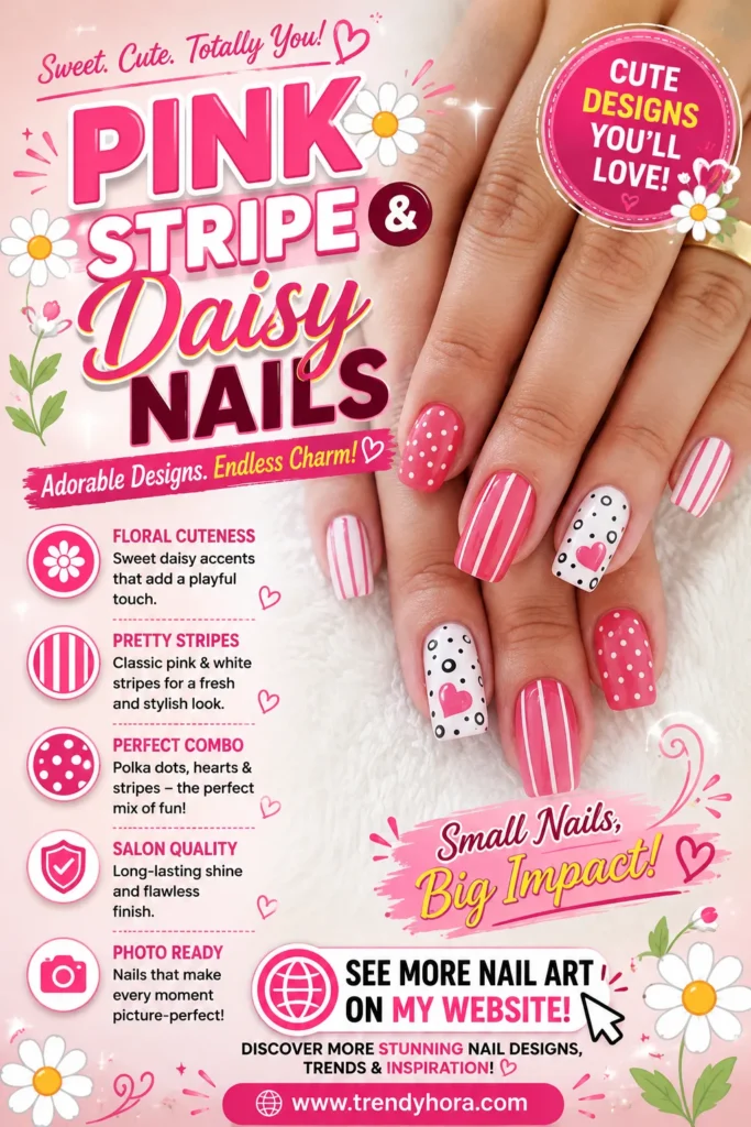 Pink Stripe and Daisy Nails Close-up of pink stripe and daisy nail art featuring glossy pink polish, white striped nails, polka dots, heart accents, and cute daisy flowers on square-shaped nails. A fun, feminine manicure perfect for summer nail art, floral nail inspiration, and the latest 2026 nail trends.