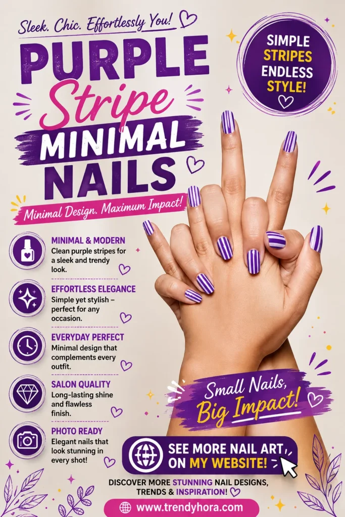 Purple Stripe Minimal Nails Close-up of purple striped minimal nail art featuring glossy purple and white vertical stripe designs on short square nails. A modern, elegant manicure perfect for everyday wear, minimalist nail lovers, and the latest 2026 nail trends.