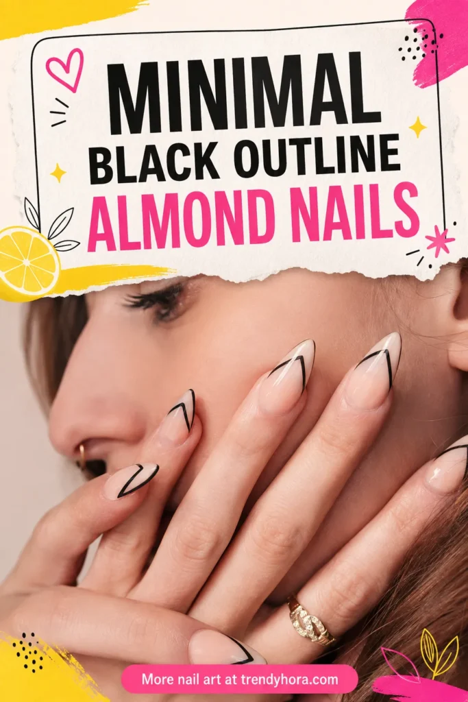Minimal Black Outline Almond Nails Minimal black outline almond nails with a glossy sheer pink base and modern geometric line art.