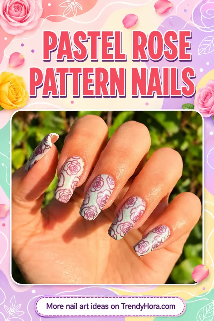 Pastel Rose Pattern Nails Pastel rose pattern nails with delicate pink floral line art on long square nails, a pretty summer nail design idea.