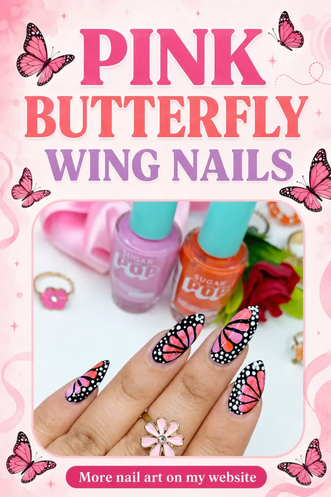 Pink Butterfly Wing Nails Pink butterfly wing nails with black polish, pink and coral butterfly designs, and white dot details on long almond-shaped nails.