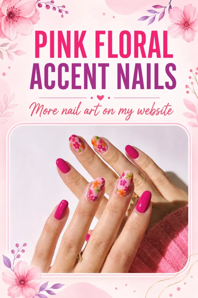 Pink Floral Accent Nails Hot pink floral accent nails with colorful orange and pink daisy art on glossy almond-shaped nails, a bright summer nail design idea.