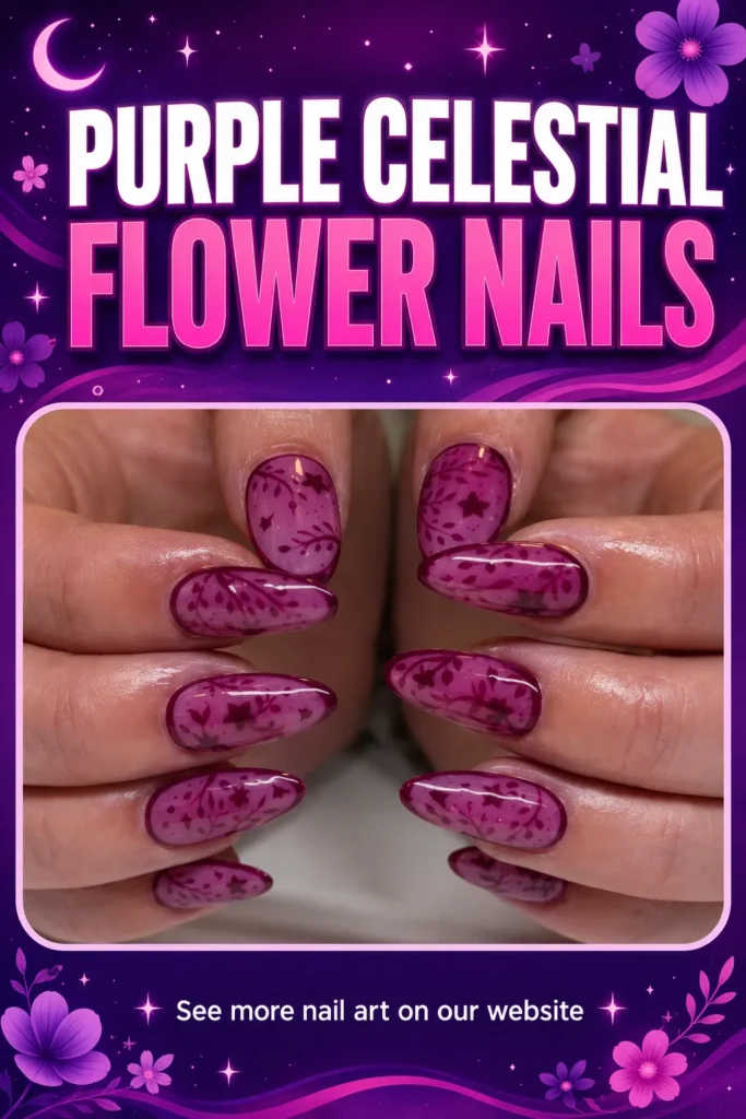 Purple Celestial Flower Nails Purple celestial flower nails with dark purple floral art, tiny stars, and glossy almond-shaped nails.