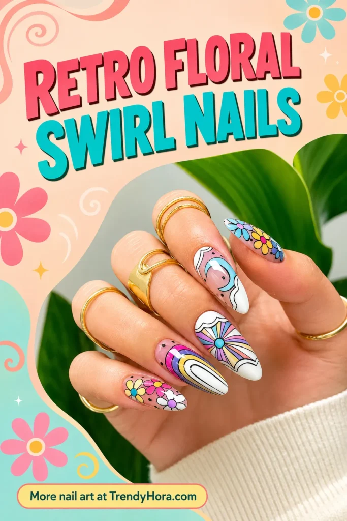 Retro Floral Swirl Nails Retro floral swirl nails with colorful daisy flowers, bold abstract patterns, and pink, blue, yellow, and white details on long almond-shaped nails.