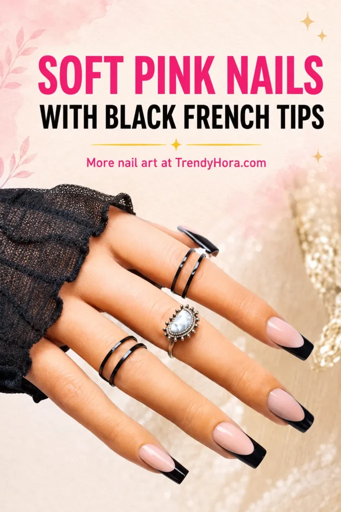 Soft Pink Nails With Black French Tips Soft pink almond nails with glossy black French tips, a chic and elegant two-tone nail design idea.