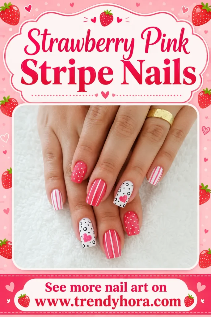 Strawberry Pink Stripe Nails Strawberry pink stripe nails with white polka dots, heart accents, and cute red-and-white striped square nail art.