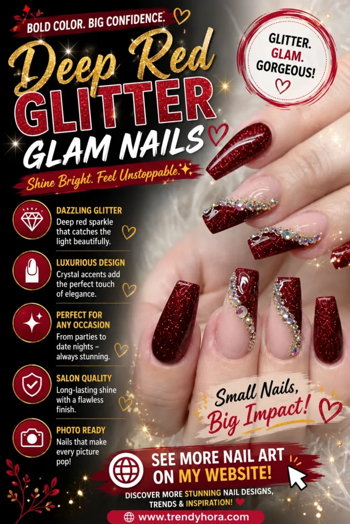 Deep Red Glitter Glam Nails Close-up of glamorous coffin-shaped deep red glitter nails featuring sparkling ruby-red polish, crystal rhinestone accents, and a luxurious glossy finish. An elegant manicure perfect for parties, holidays, special occasions, and 2026 nail trends.
