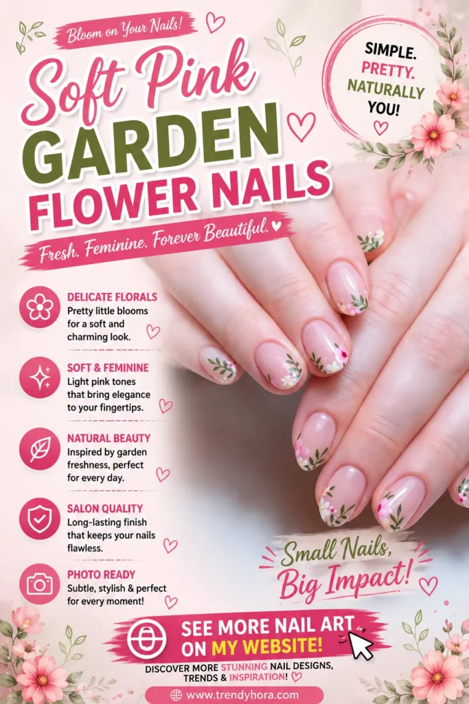 Soft Pink Garden Flower Nails Close-up of soft pink garden flower nails featuring delicate white and pink floral accents with green botanical leaves on a glossy nude pink base. Elegant short nails with a feminine, natural look, perfect for spring, summer, weddings, and 2026 nail trends.